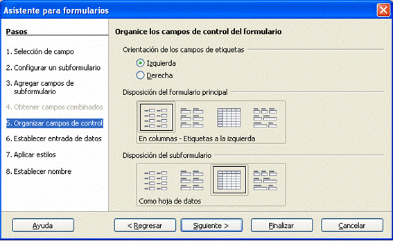Elegir disposici&oacute;n de formulario principal y subformulario