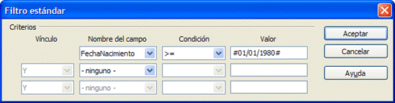 Cuadro de di&aacute;logo Filtro est&aacute;ndar