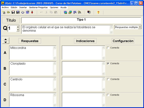 Aspecto del interfaz de JQUIZ en la modalidad de Respuestas M&uacute;ltiples.