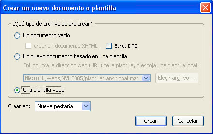 Panel de creaci&oacute;n de nuevo documento con la opci&oacute;n Plantilla vac&iacute;a marcada