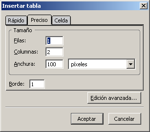 Panel Insertar tabla - Modo preciso