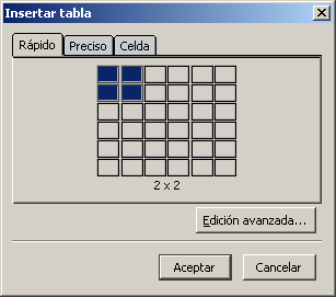 Panel de insertar tabla - Modo r&aacute;pido