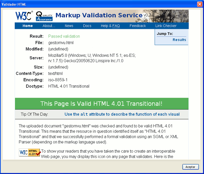 Informe de p&aacute;gina HTML 4.01 transitional v&aacute;lida