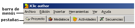 Barra de men&uacute;s y pesta&ntilde;as de JClic autor