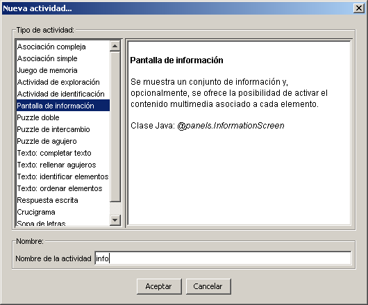 Nueva actividad: Pantalla de informaci&oacute;n