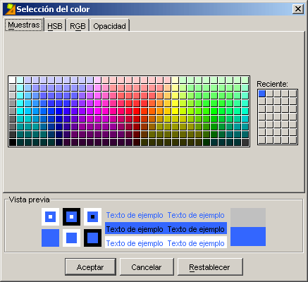 Pantalla de selecci&oacute;n del color. Pesta&ntilde;a Muestras