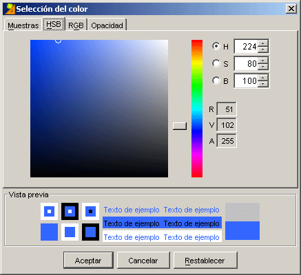 Pantalla de selecci&oacute;n del color. Pesta&ntilde;a HSB