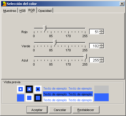 Pantalla de selecci&oacute;n del color. Pesta&ntilde;a RGB