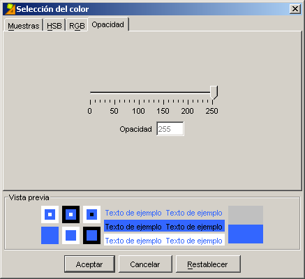 Pantalla de selecci&oacute;n del color. Pesta&ntilde;a Opacidad