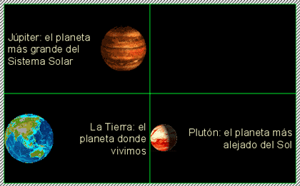 Panel del ejercicio con los tres planetas