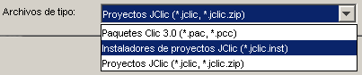 Seleccionar en la lista desplegable de archivos el tipo *.jclic.inst
