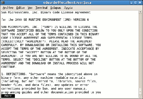 Primera pantalla de la licencia de Java (en ingl&eacute;s)