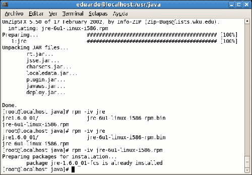 Aceptaci&oacute;n de la licencia de Java y copia del paquete rpm