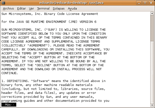 Primera pantalla de la licencia de Java (en ingl&eacute;s)