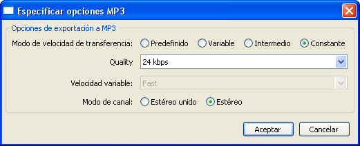 Opciones de exportación MP3
