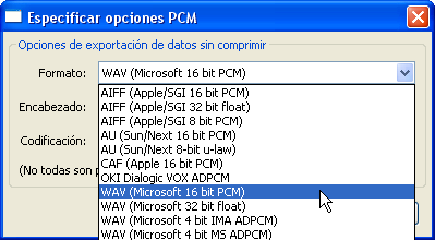 Especificar opciones PCM